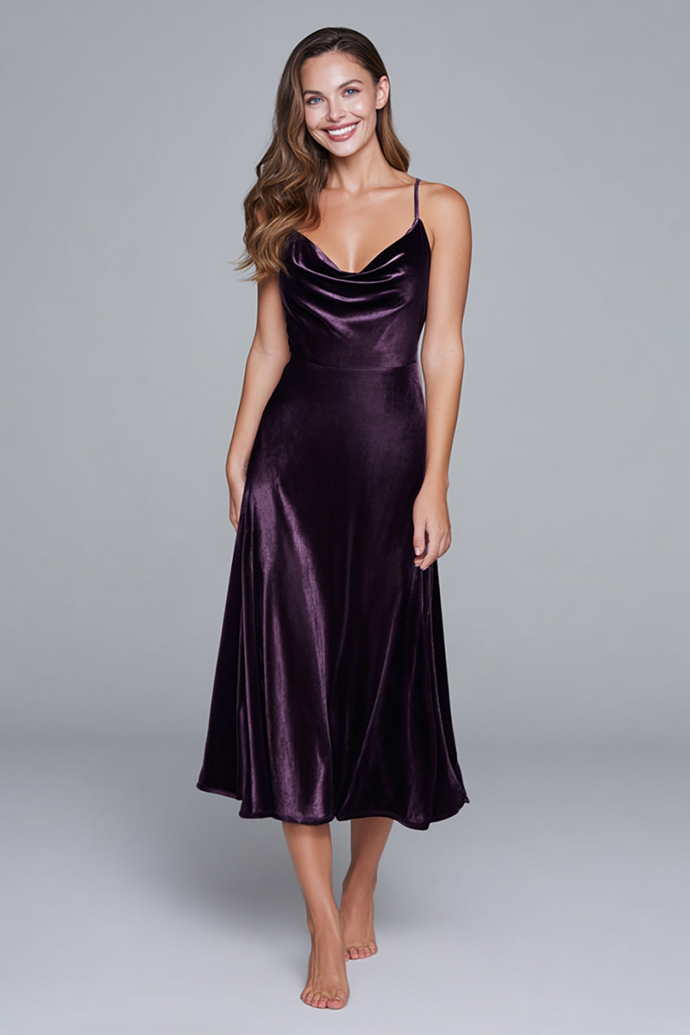 Leely Women Black Velvet Tea Length Holiday Party Dress A Line Spaghetti Straps Formal Dress