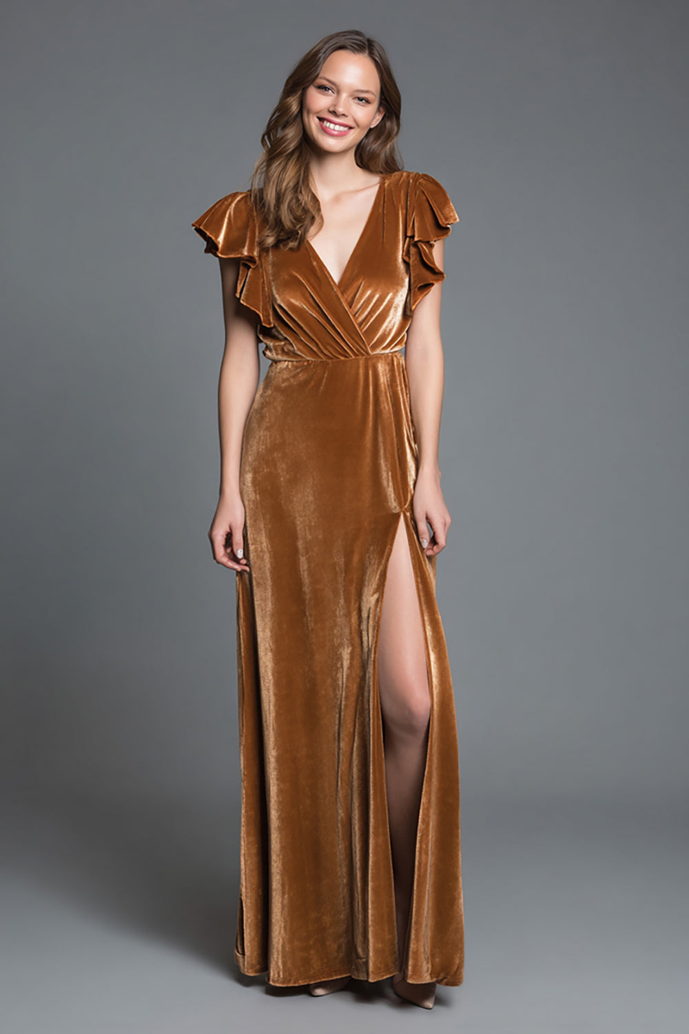 Brown Velvet V-Neck Sheath Long Holiday Party Dress with Slit