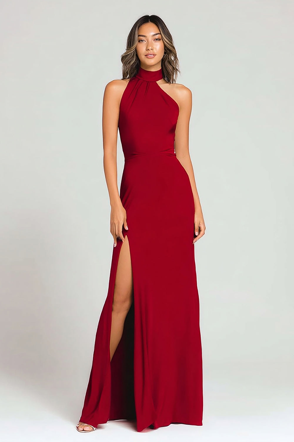 Leely Women Burgundy Sheath Long Formal Dress Halter Holiday Party Dress with Slit