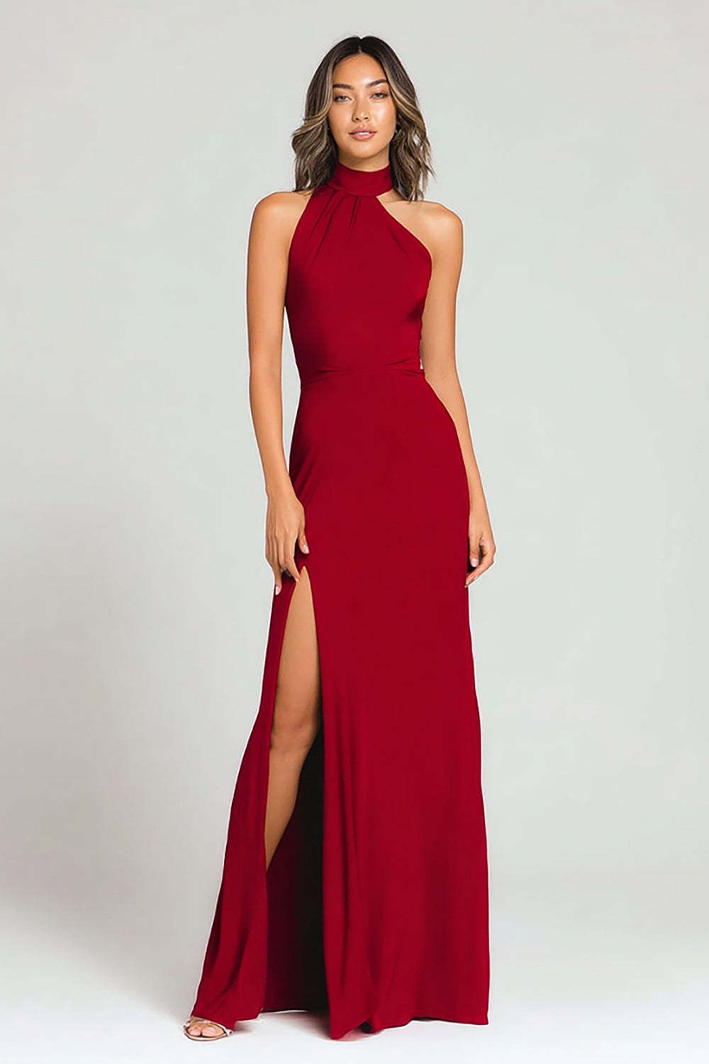Leely Women Burgundy Sheath Long Formal Dress Halter Holiday Party Dress with Slit