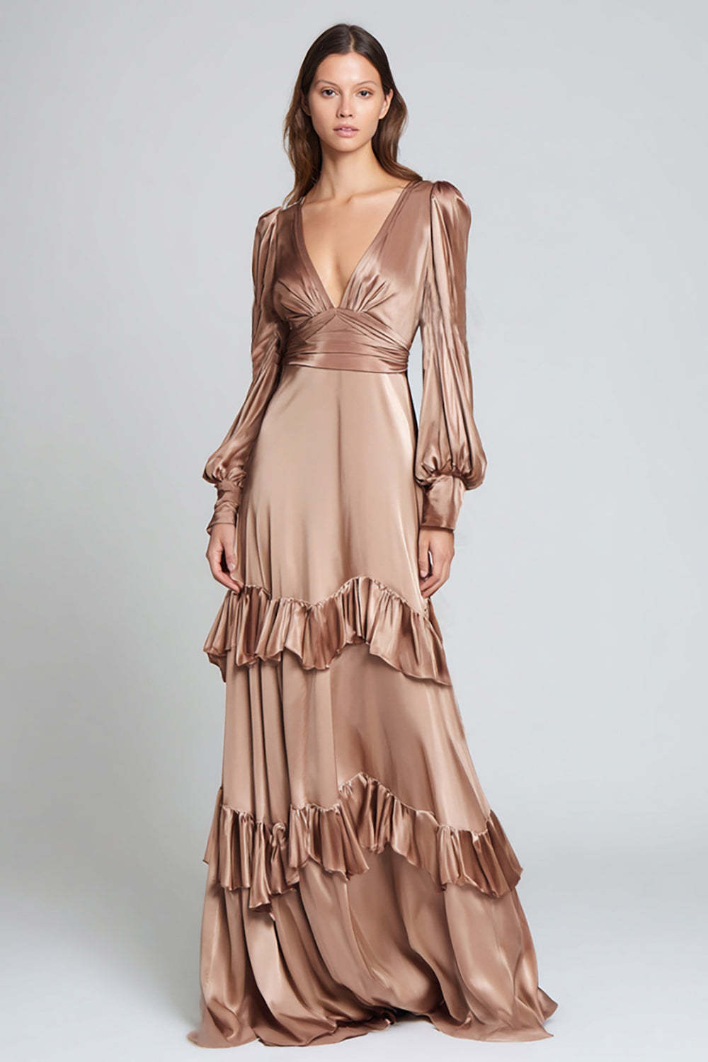 Leely Women Light Brown Satin Ruffled Long Formal Dress with Sleeves A Line V-Neck Military Ball Dress