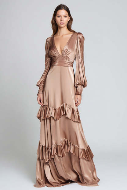 Leely Women Light Brown Satin Ruffled Long Formal Dress with Sleeves A Line V-Neck Military Ball Dress