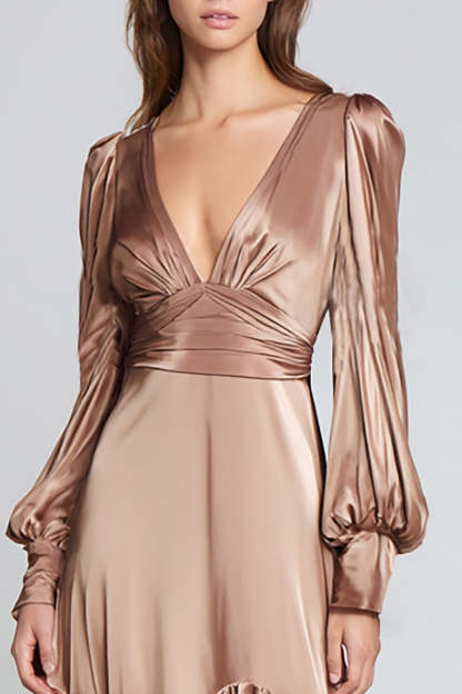 Light Brown Satin V-Neck Ruffled A Line Long Formal Dress with Sleeves