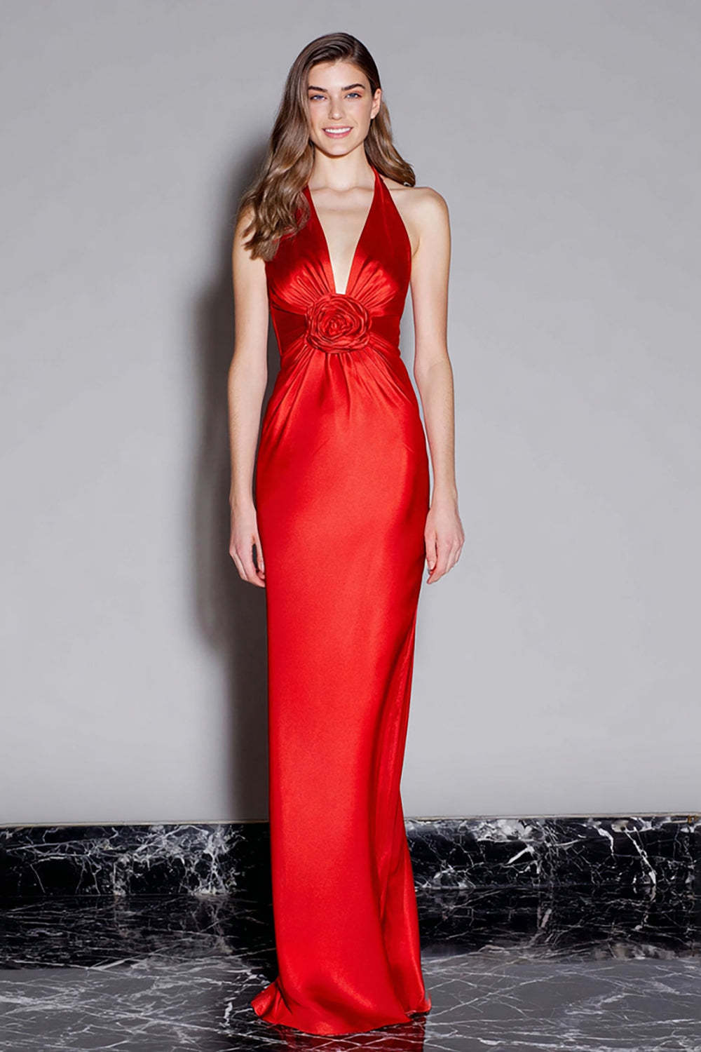 Leely Women Red Satin Long Formal Dress with 3D Flower Mermaid Halter Holiday Party Dress