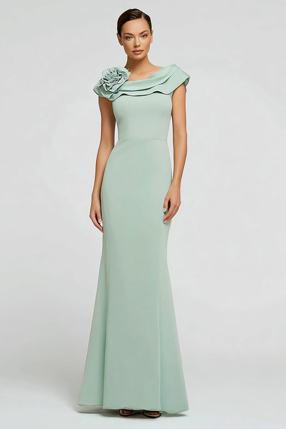 Leely Women Mint Green Long Formal Dress with 3D Flower Mermaid Boat Neck Evening Dress