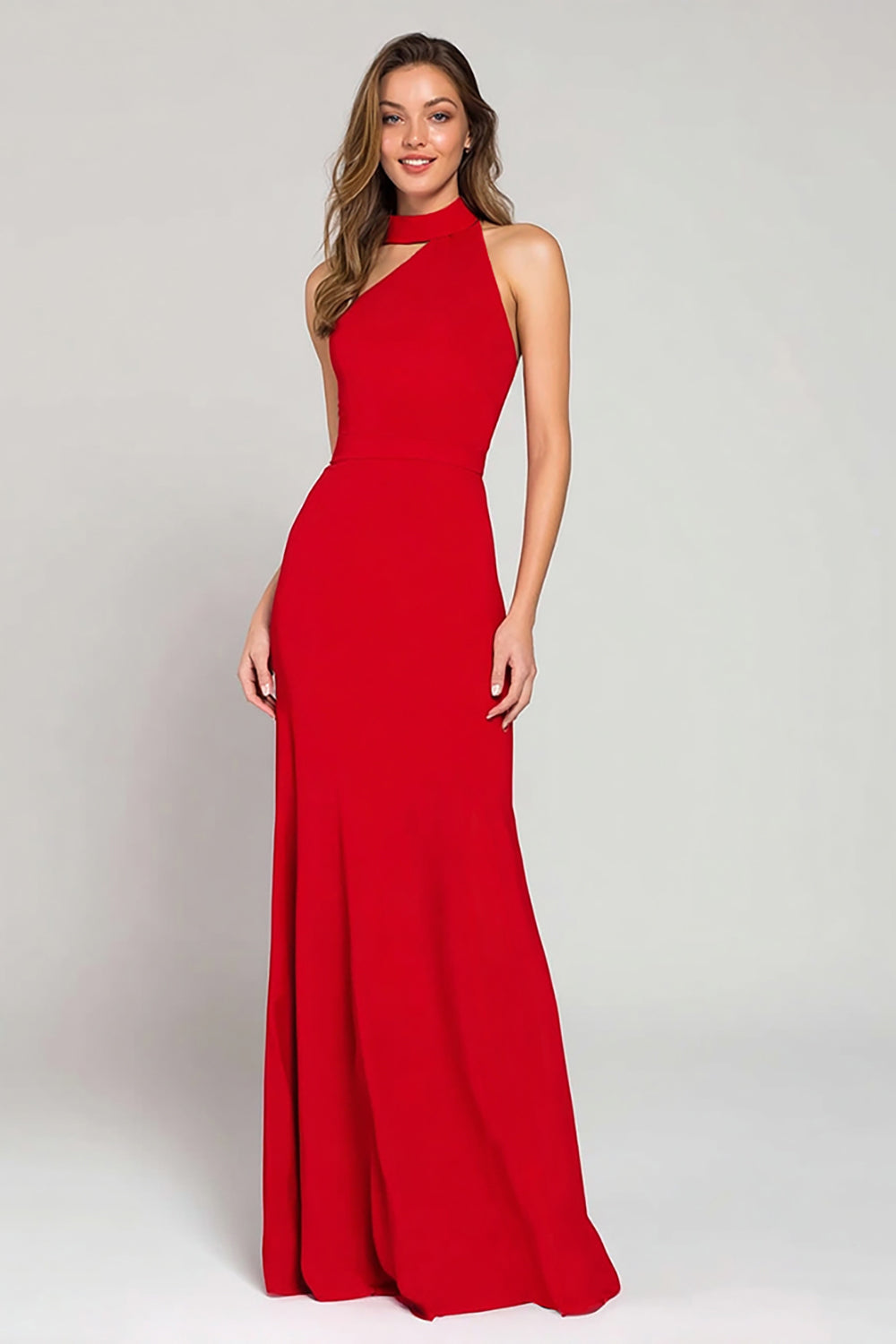 Leely Women Elegant Red Mermaid Satin Long Formal Dress High Neck Cut Out Evening Dress