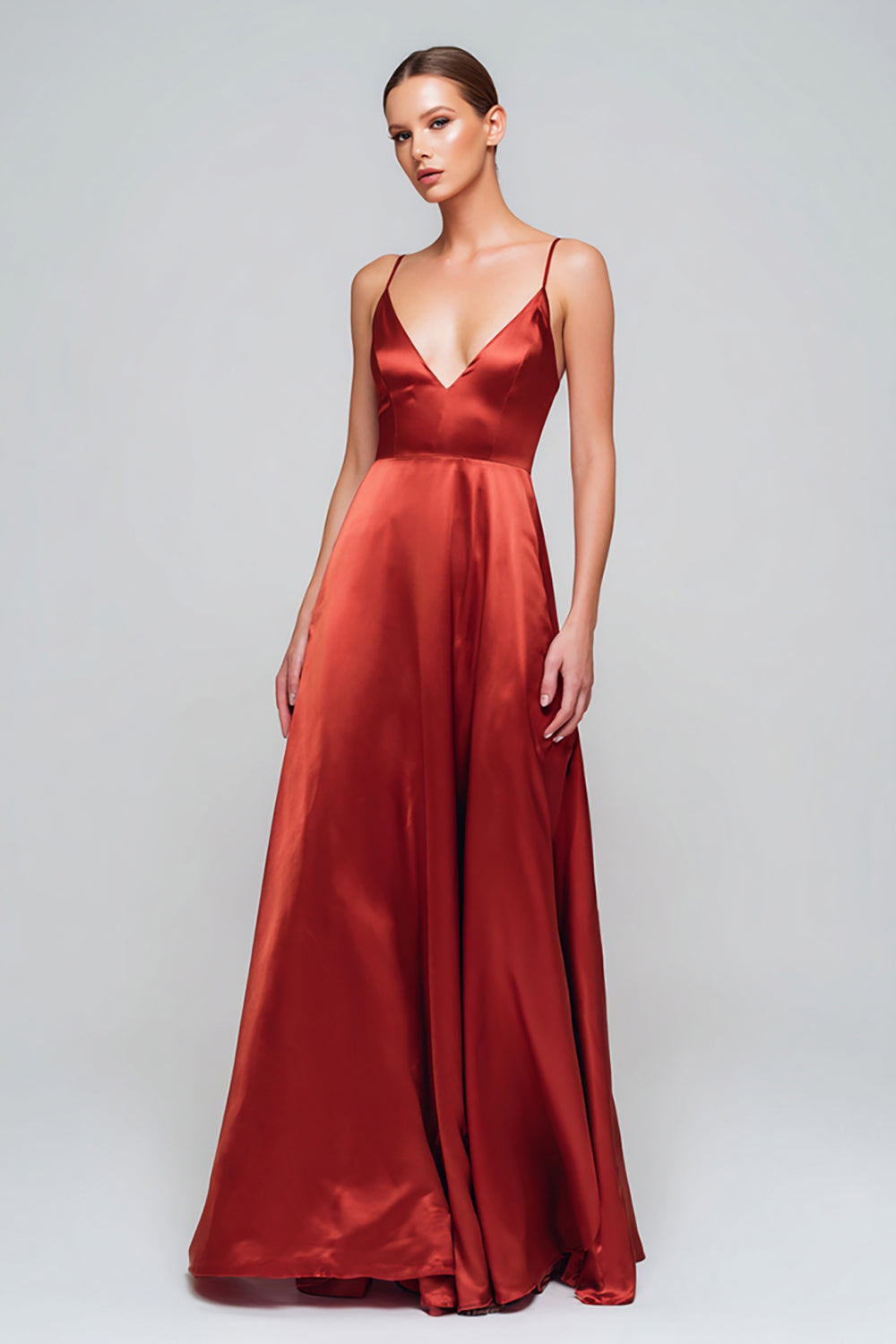 Leely Women Simple Red Satin Long Formal Dress A Line Spaghetti Straps Evening Dress