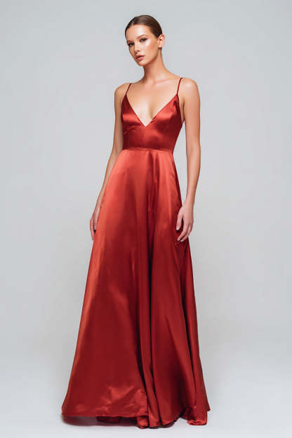 Leely Women Simple Red Satin Long Formal Dress A Line Spaghetti Straps Evening Dress