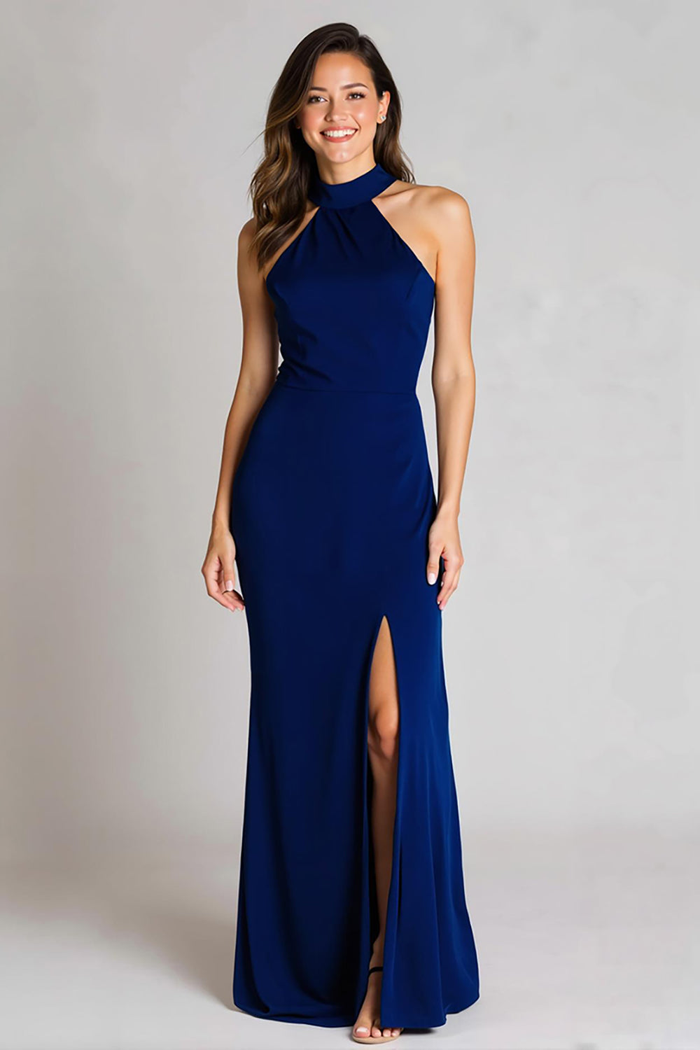 Leely Women Navy Satin Backless Long Formal Dress with Slit Mermaid Halter Evening Dress