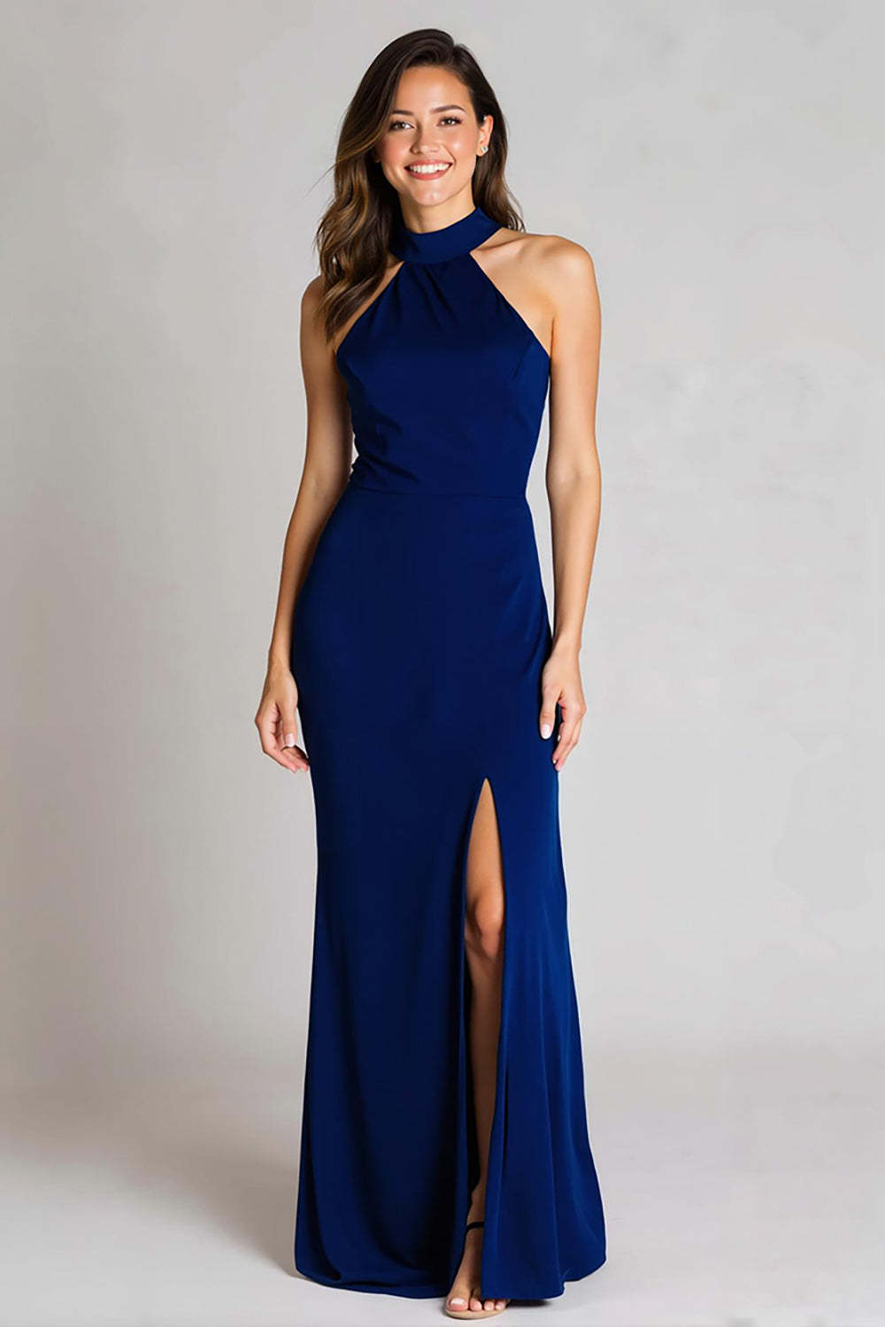 Leely Women Navy Satin Backless Long Formal Dress with Slit Mermaid Halter Evening Dress