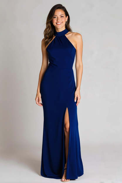 Leely Women Navy Satin Backless Long Formal Dress with Slit Mermaid Halter Evening Dress