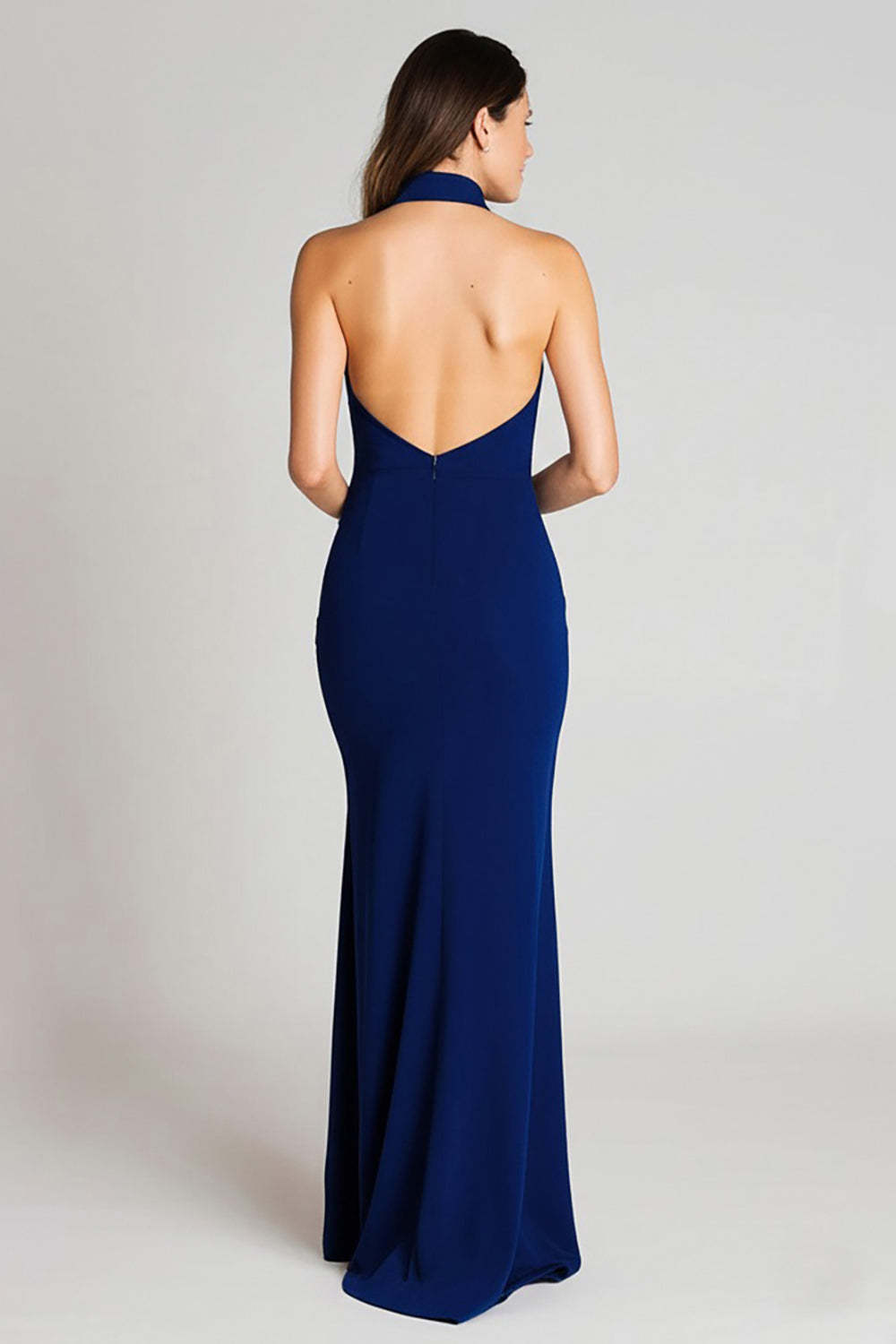Navy Halter Satin Backless Mermaid Long Formal Dress with Slit