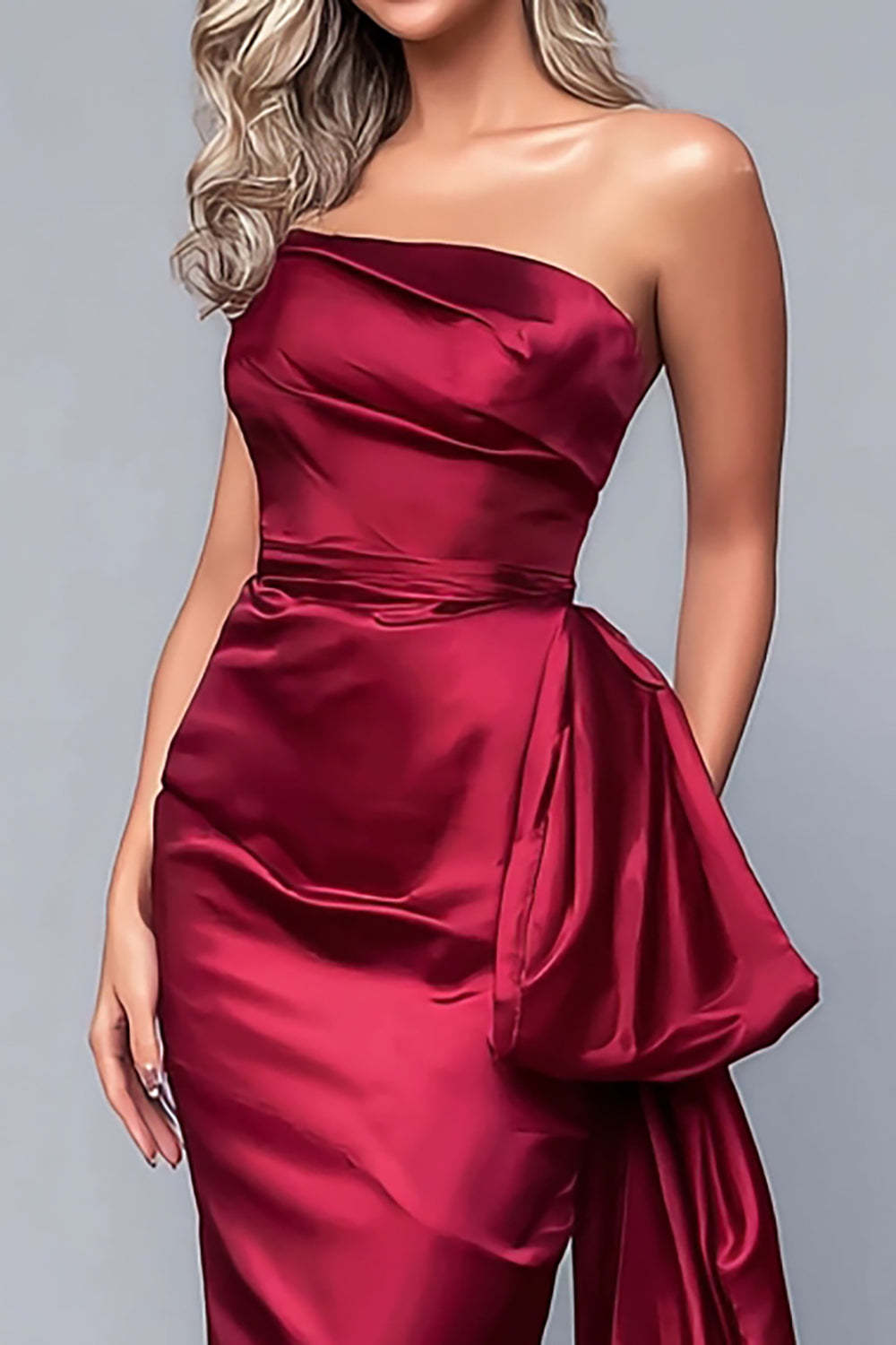 Burgundy Strapless Satin Mermaid Long Formal Dress with Side Cape