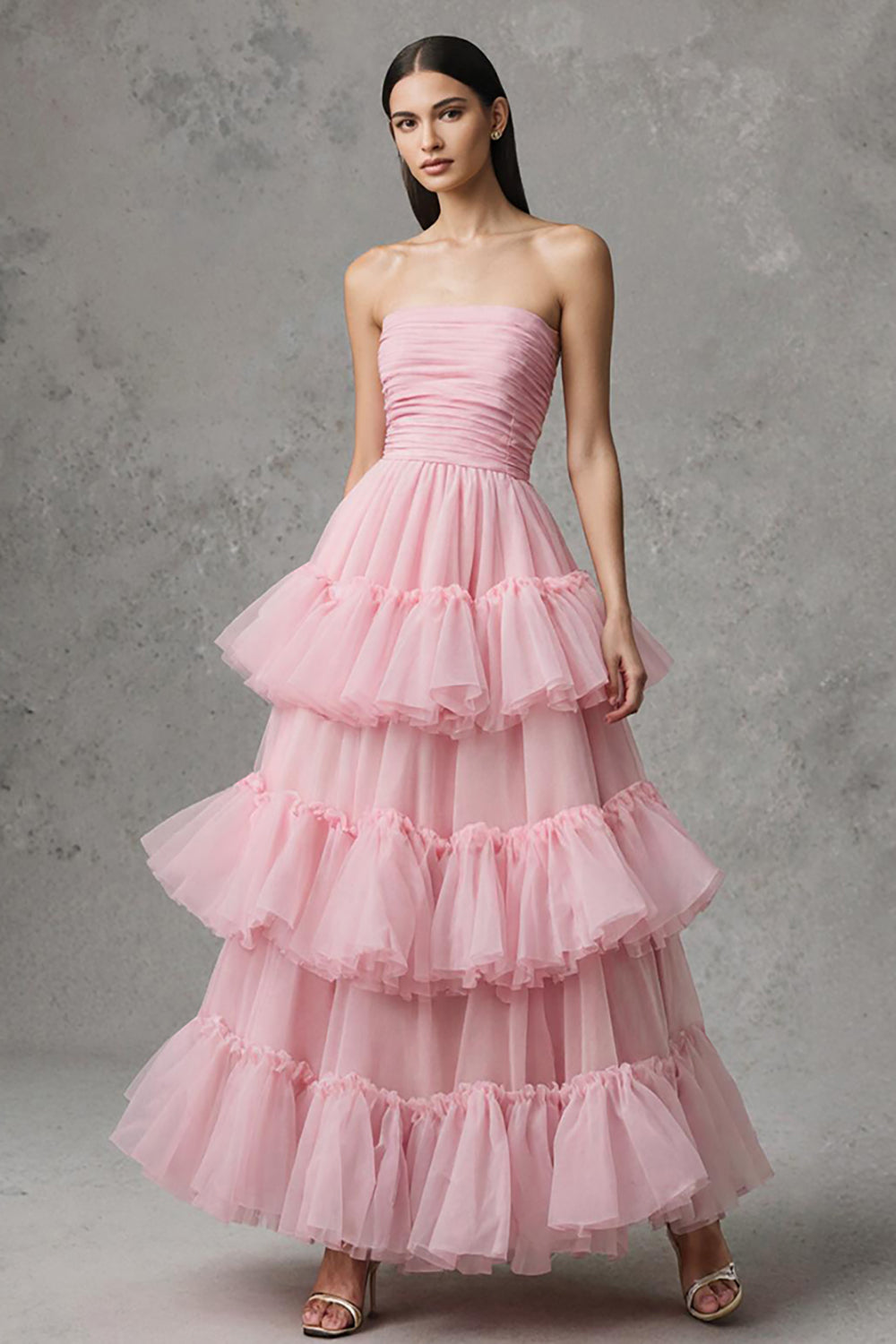 Leely Women Pink Tulle A Line Ruffled Maxi Pageant Dress Strapless Princess Tiered Formal Dress