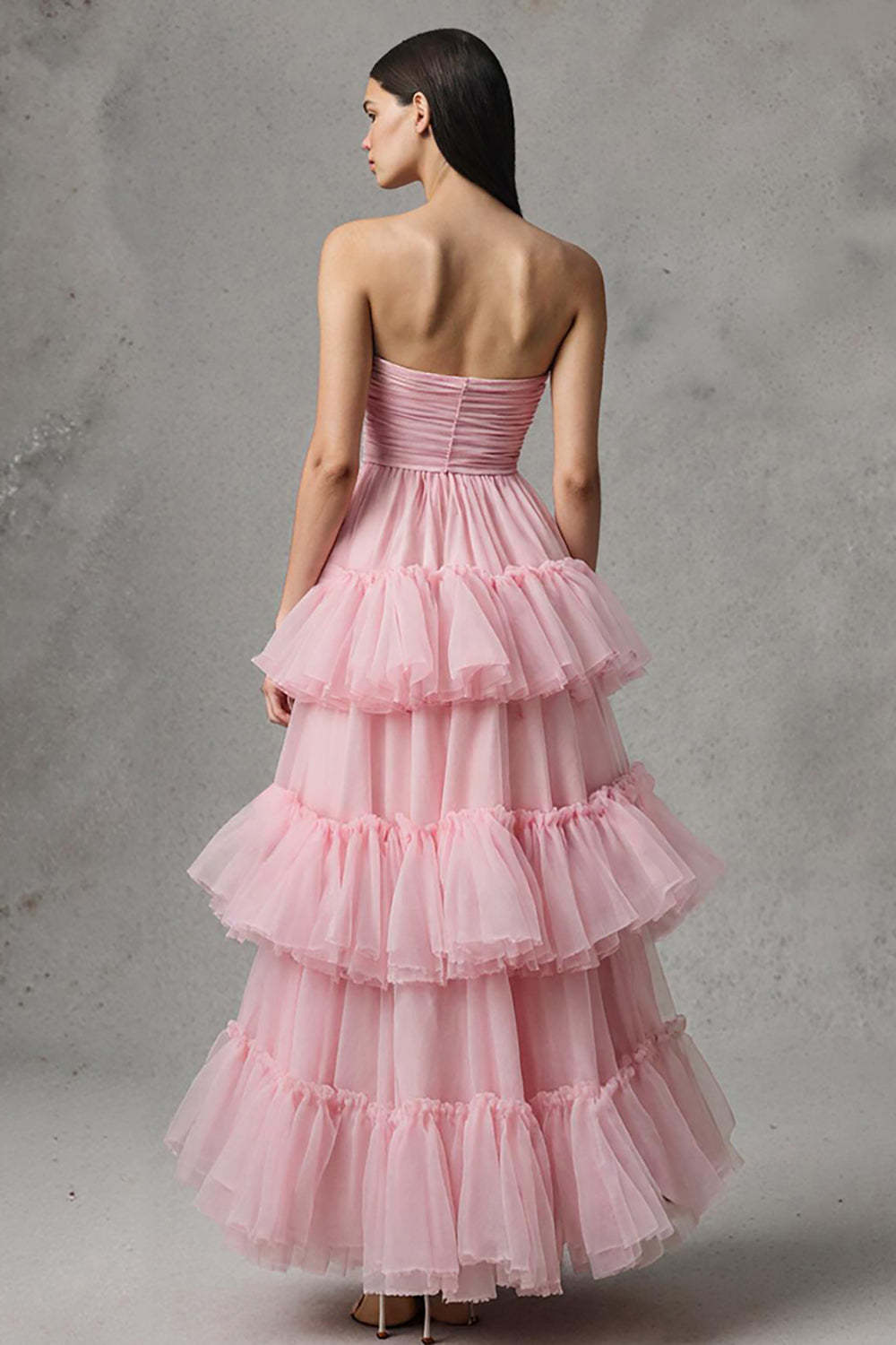 Pink Tulle Strapless A Line Ruffled Maxi Pageant Dress