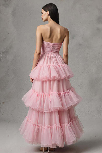 Pink Tulle Strapless A Line Ruffled Maxi Pageant Dress