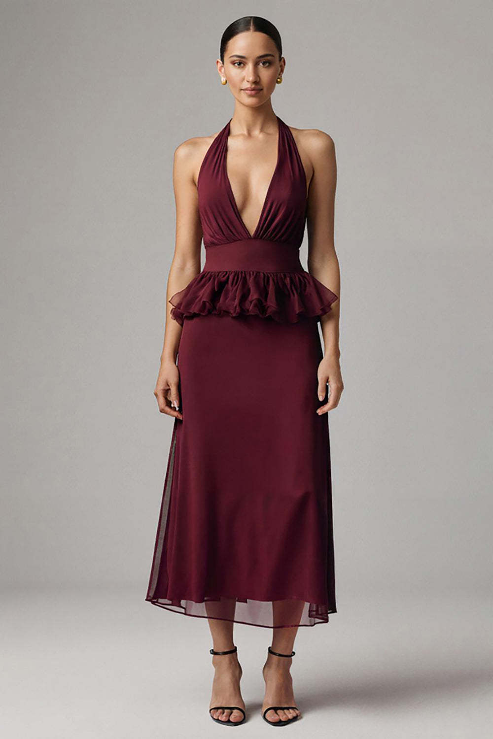Leely Women Burgundy Chiffon Formal Dress with Ruffles Sheath Halter Tea Length Evening Dress