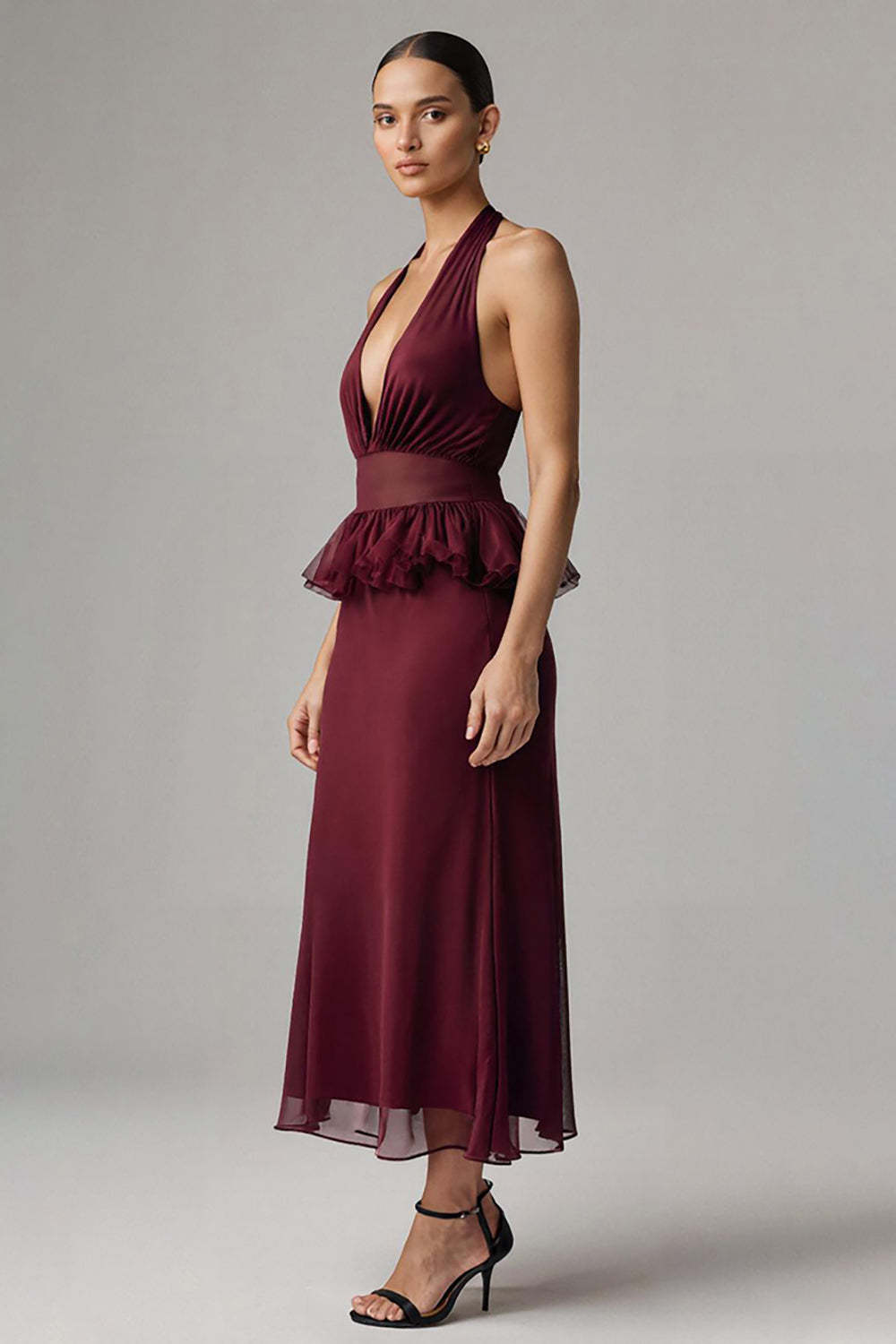 Burgundy Halter Chiffon Sheath Tea Length Formal Dress with Ruffles