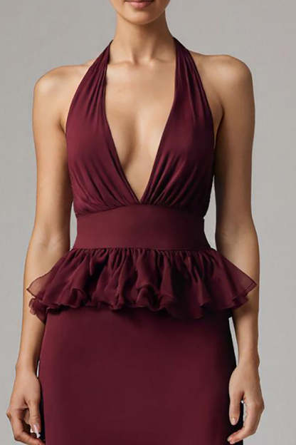 Burgundy Halter Chiffon Sheath Tea Length Formal Dress with Ruffles