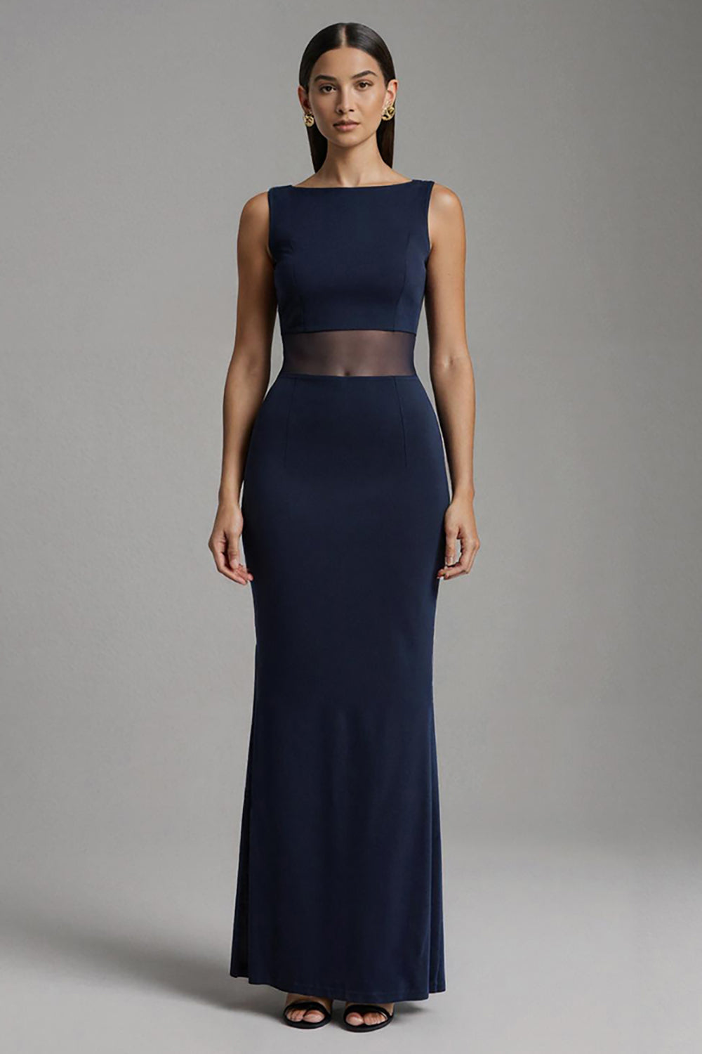 Leely Women Simple Navy Satin Long Formal Dress Mermaid Boat Neck Evening Dress
