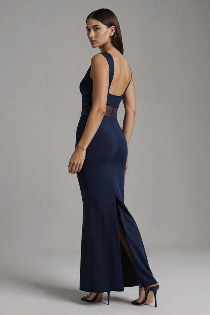Simple Navy Satin Boat Neck Mermaid Long Formal Dress