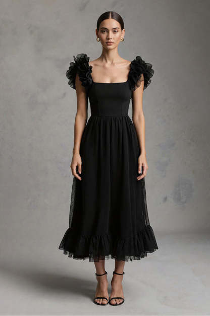 Leely Women Black Maxi Tulle Formal Dress with Ruffles Square Neck A Line Evening Dress
