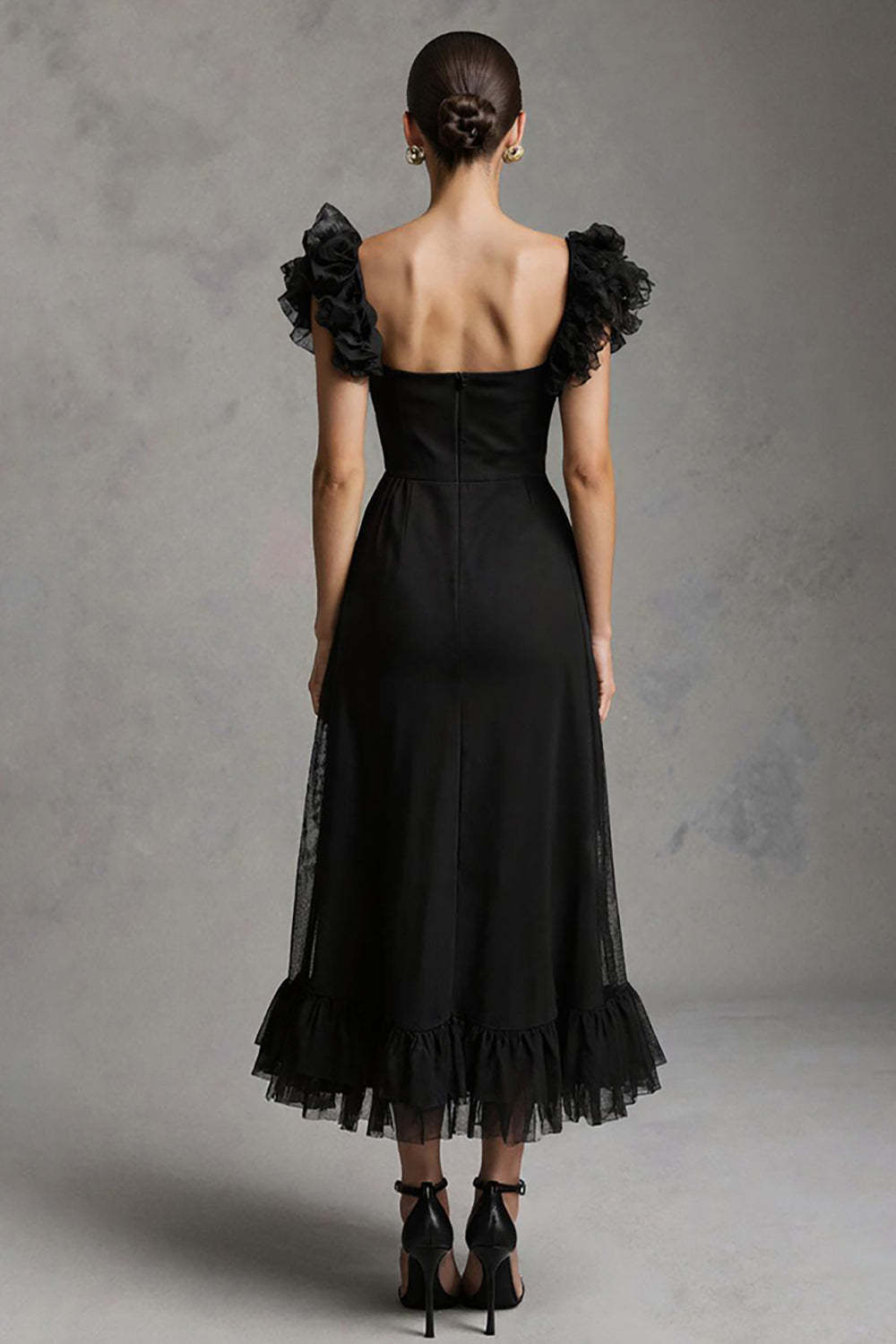 Black Tulle Square Neck A Line Maxi Formal Dress with Ruffles