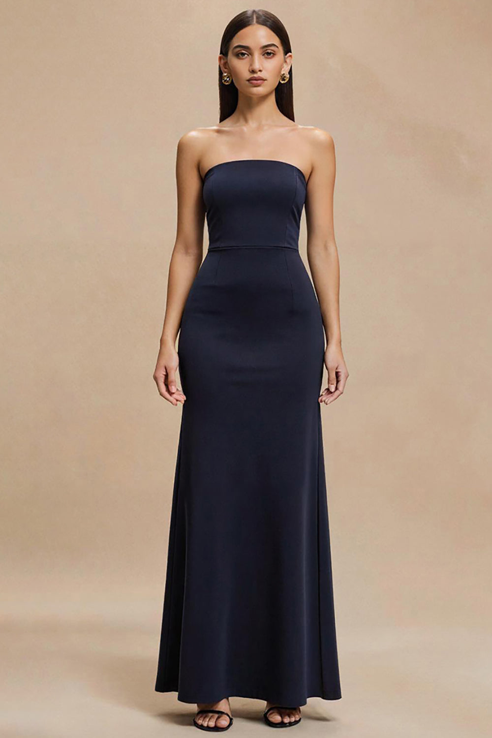 Leely Women Simple Navy Satin Maxi Formal Dress Mermaid Strapless Evening Dress