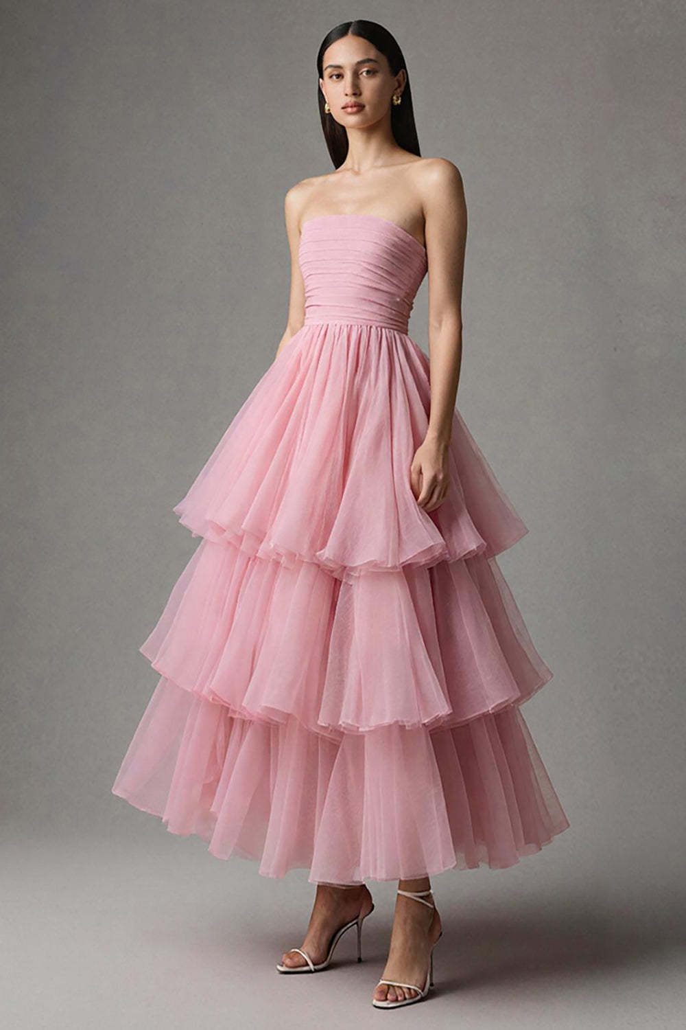 Leely Women Pink A Line Ruffled Tulle Ankle Length Pageant Dress Princess Strapless Tiered Formal Dress