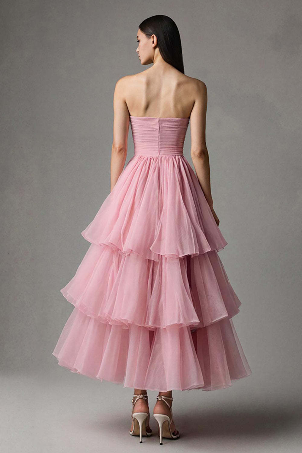 Pink Strapless A Line Ruffled Tulle Ankle Length Pageant Dress