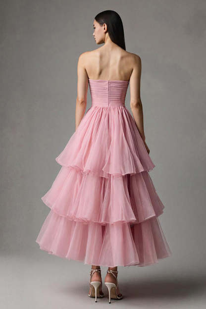 Pink Strapless A Line Ruffled Tulle Ankle Length Pageant Dress