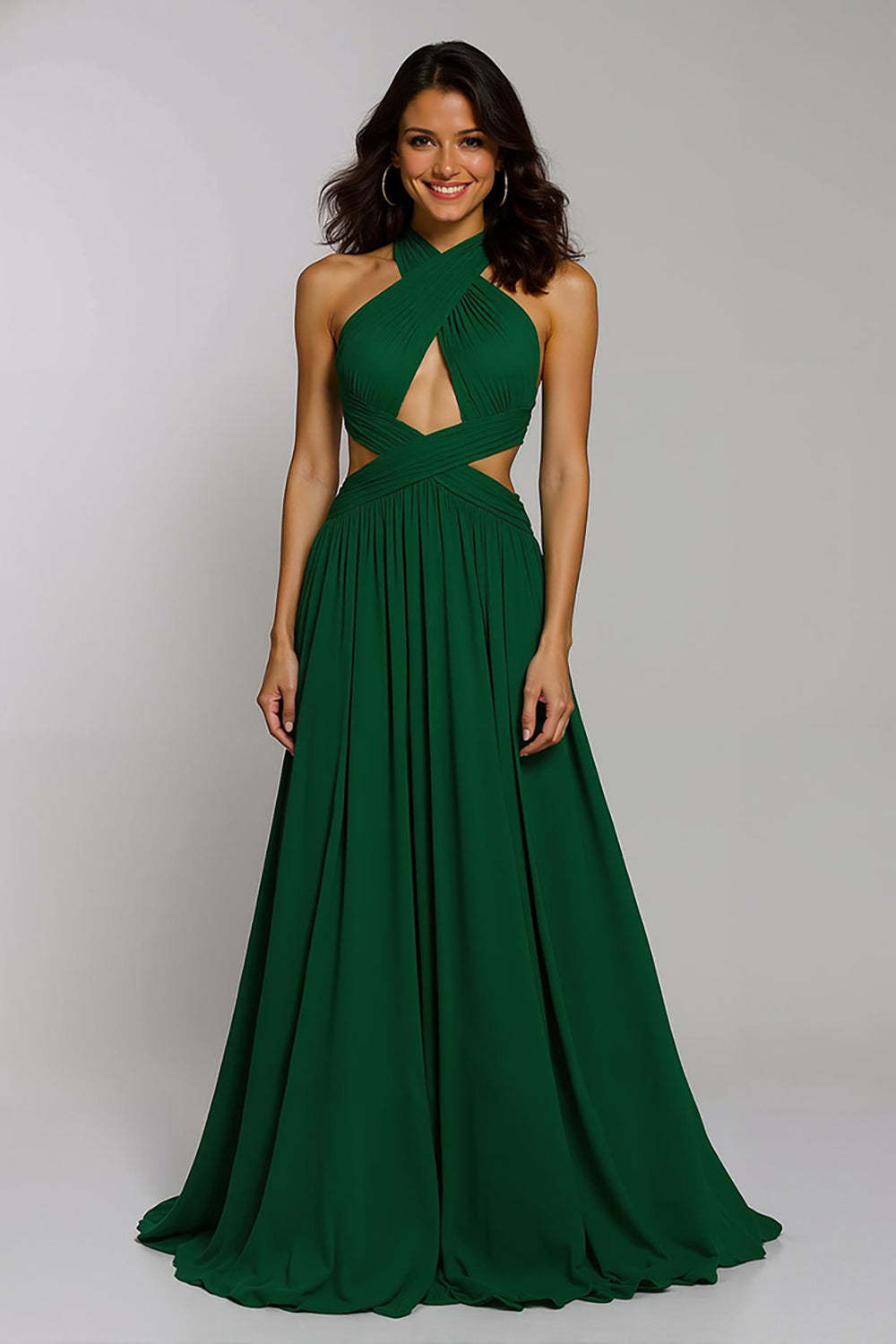 Leely Women Dark Green Chiffon Cut Out Long Holiday Party Dress A Line Halter Formal Dress