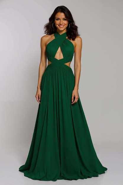 Leely Women Dark Green Chiffon Cut Out Long Holiday Party Dress A Line Halter Formal Dress