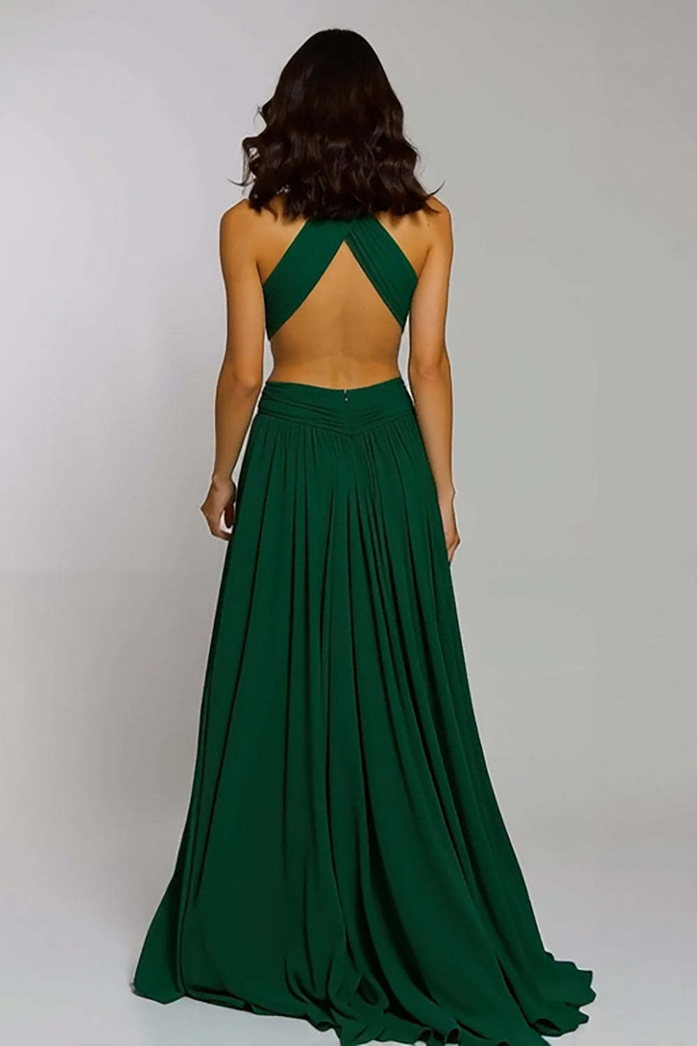 Dark Green Halter Chiffon Cut Out A Line Maxi Holiday Party Dress