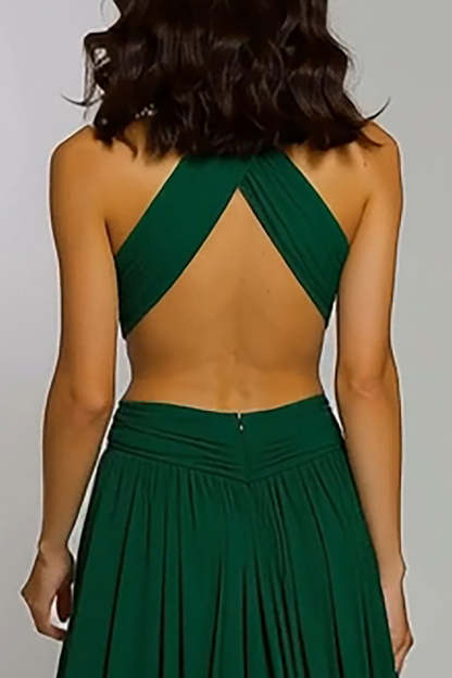 Dark Green Halter Chiffon Cut Out A Line Maxi Holiday Party Dress