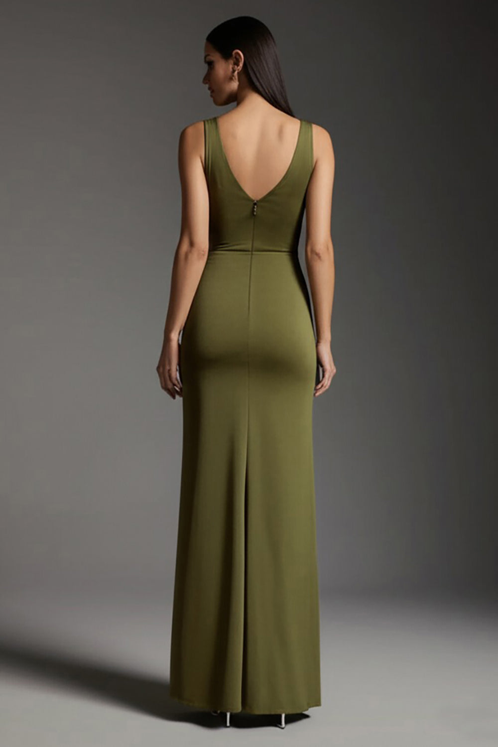 Simple Olive Satin V-Neck Mermaid Long Formal Dress with Slit