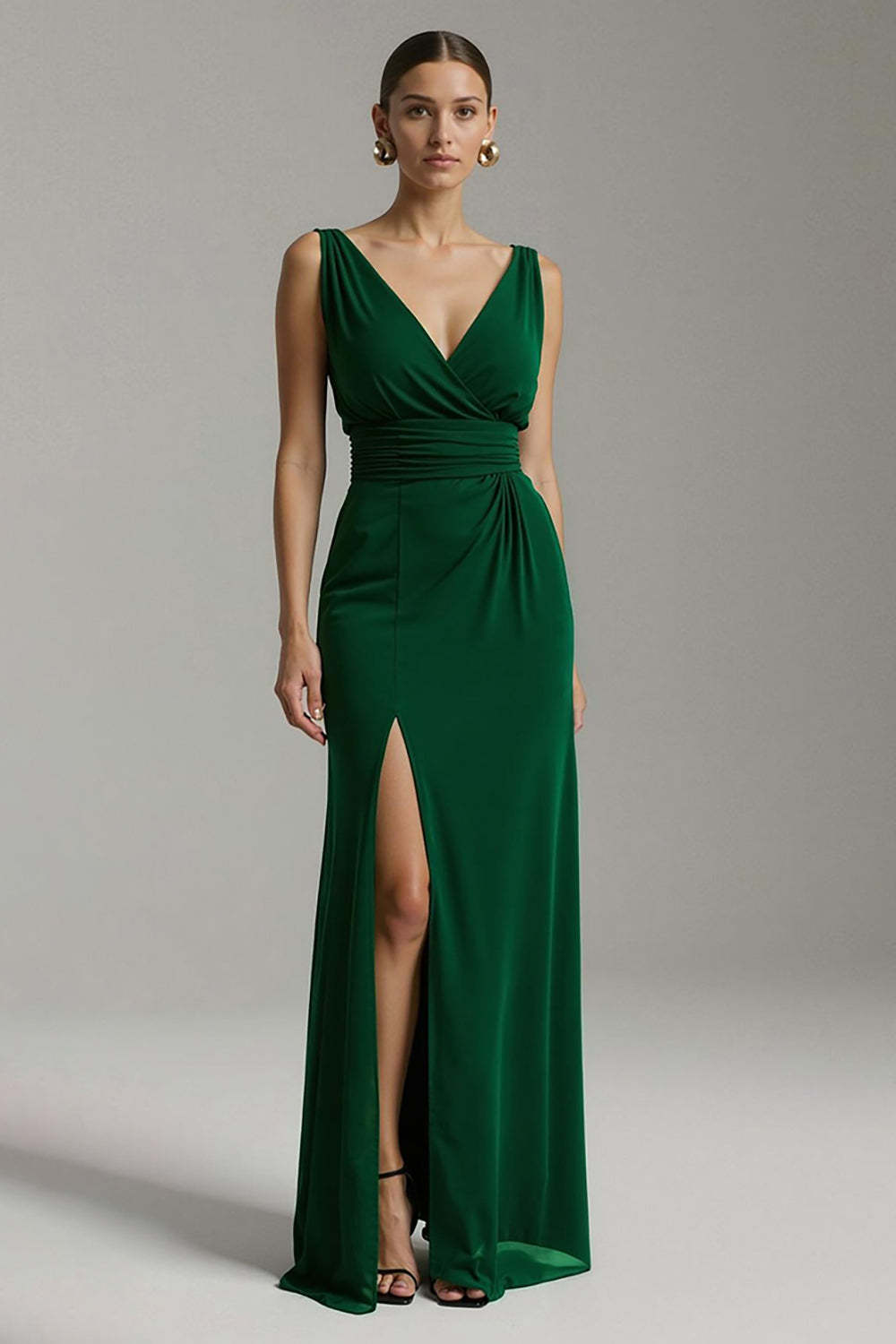 Leely Women Dark Green Chiffon Long Holiday Party Dress with Slit Sheath V-Neck Formal Dress