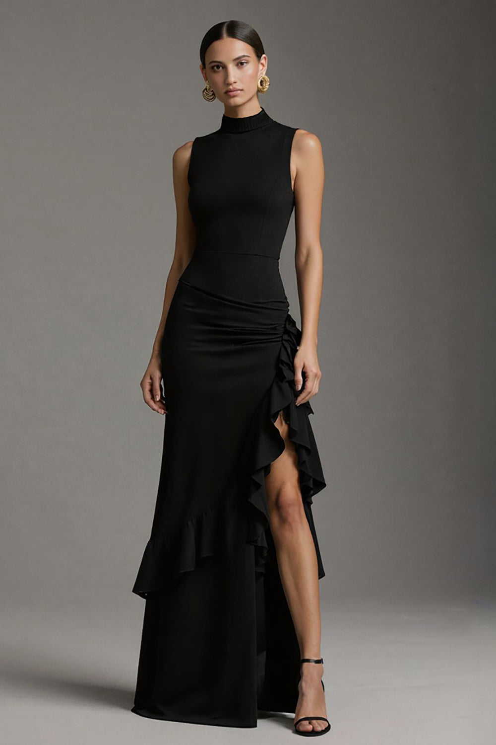 Black Satin High Neck Mermaid Ruffled Maxi Formal Dress with Slit
