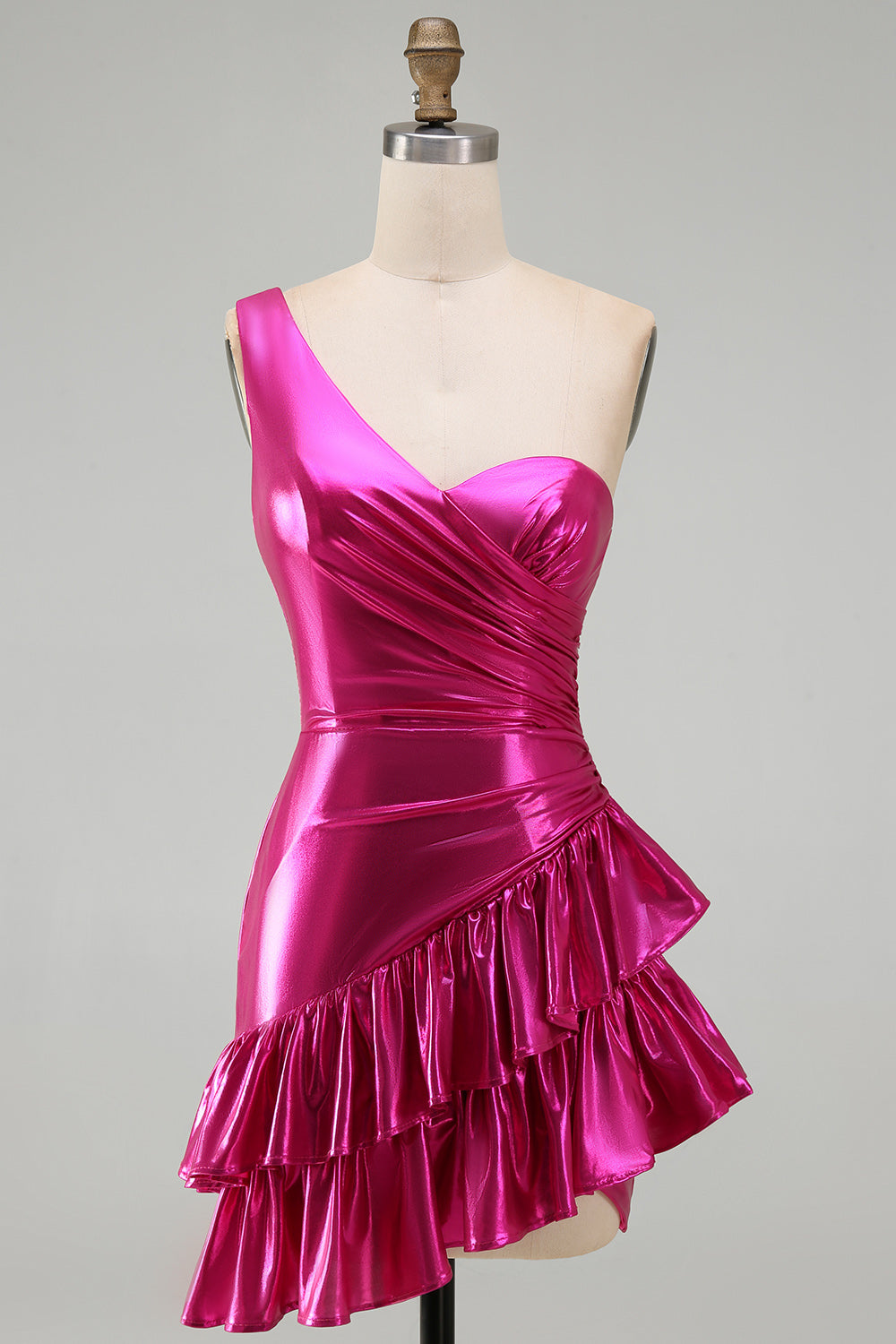 Fuchsia One Shoulder Bodycon Ruched Short Homecoming Dress with Ruffles