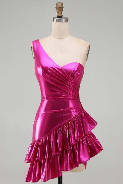 Fuchsia One Shoulder Bodycon Ruched Short Homecoming Dress with Ruffles