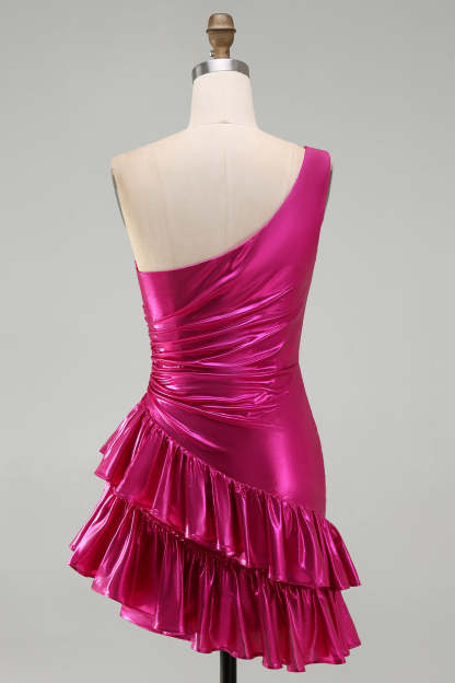 Fuchsia One Shoulder Bodycon Ruched Short Homecoming Dress with Ruffles