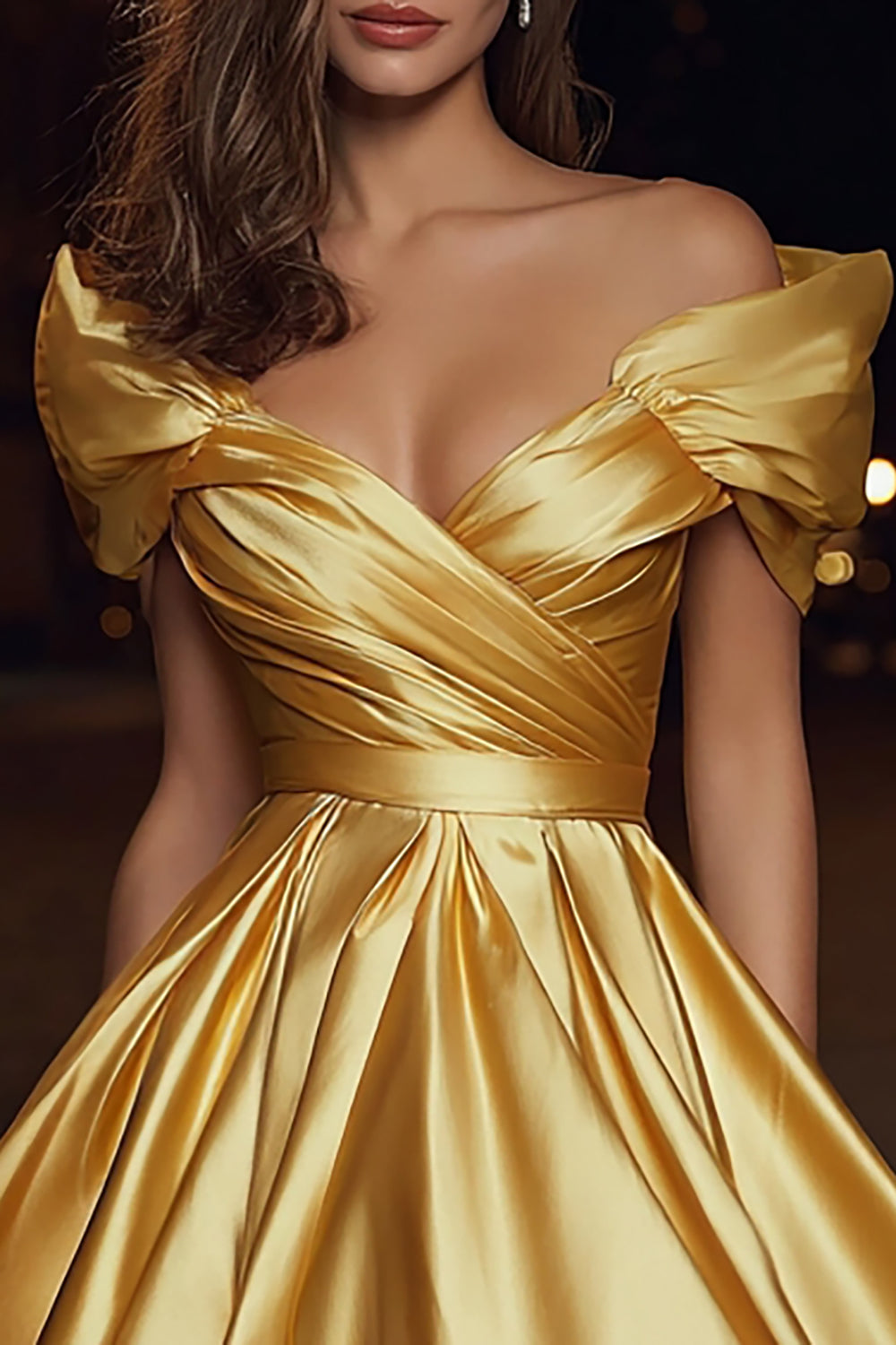 Gold Satin Off the Shoulder Ruched A Line Short Cocktail Dress