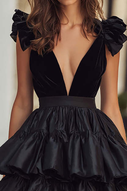 Black V-Neck Ruffled A Line Short Cocktail Dress