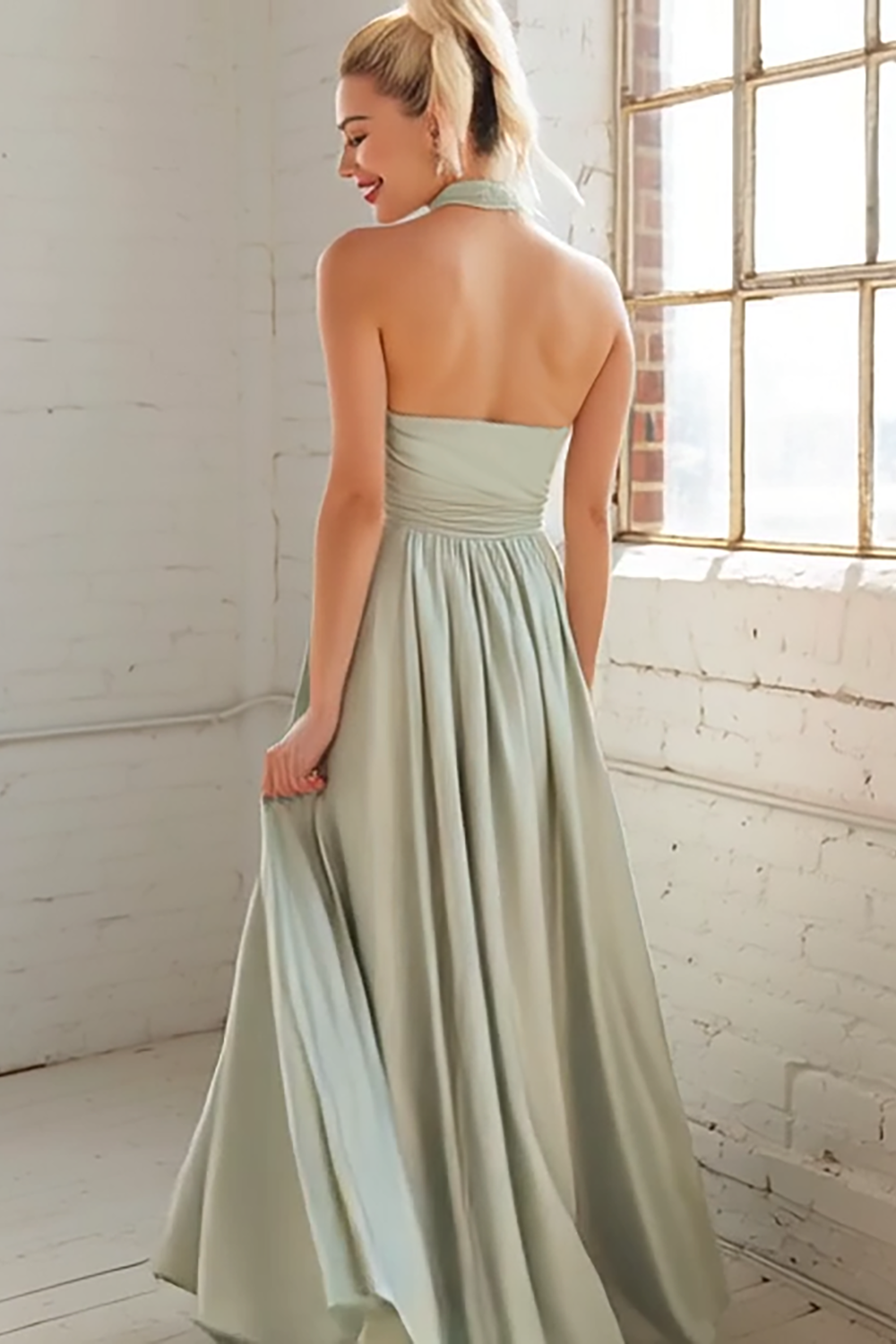 Sage Green Criss Cross Halter A Line Chiffon Maxi Bridesmaid Dress