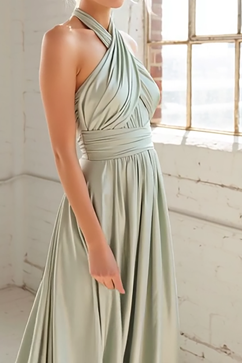 Sage Green Criss Cross Halter A Line Chiffon Maxi Bridesmaid Dress