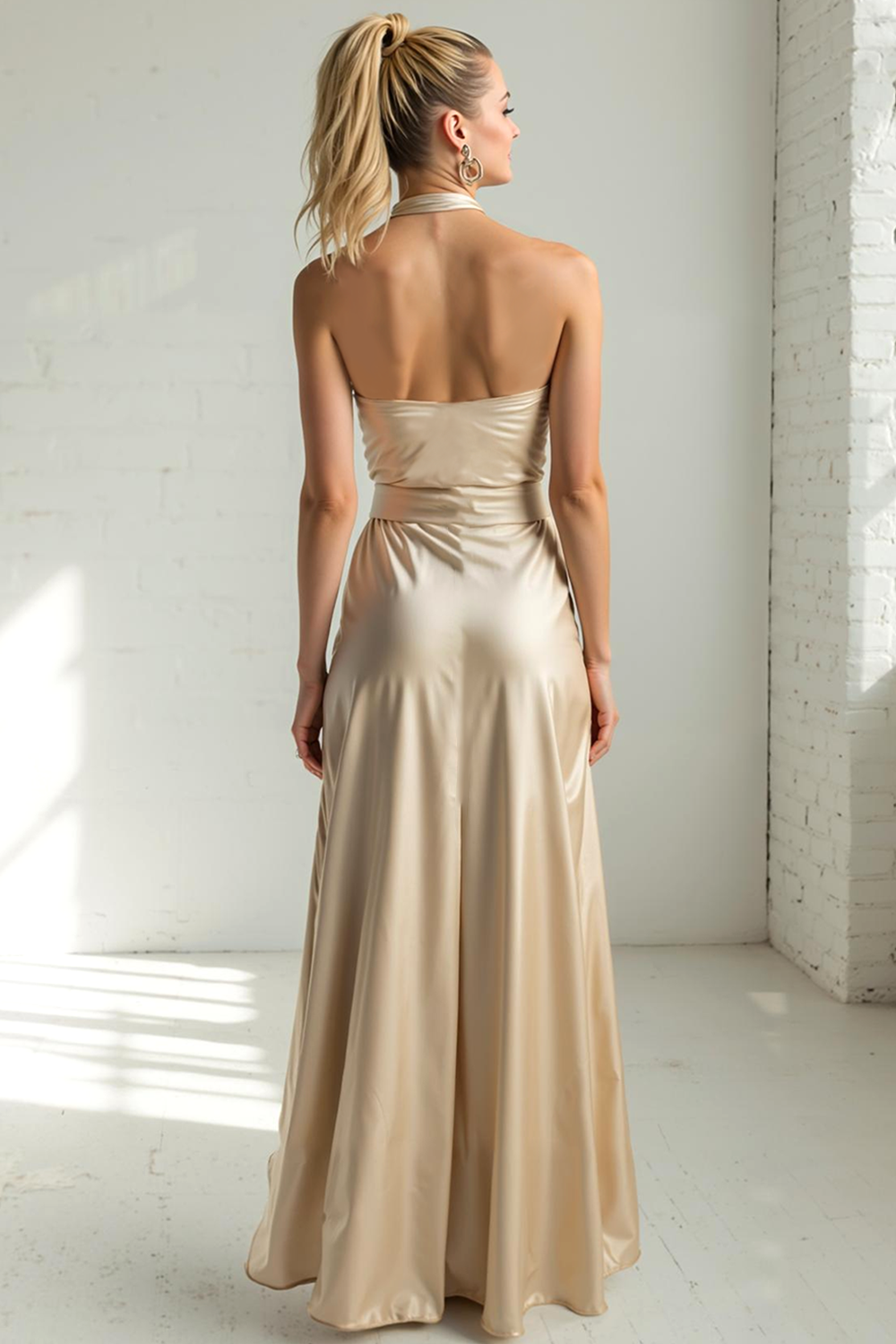 Champagne Satin Criss Cross Halter Maxi Bridesmaid Dress