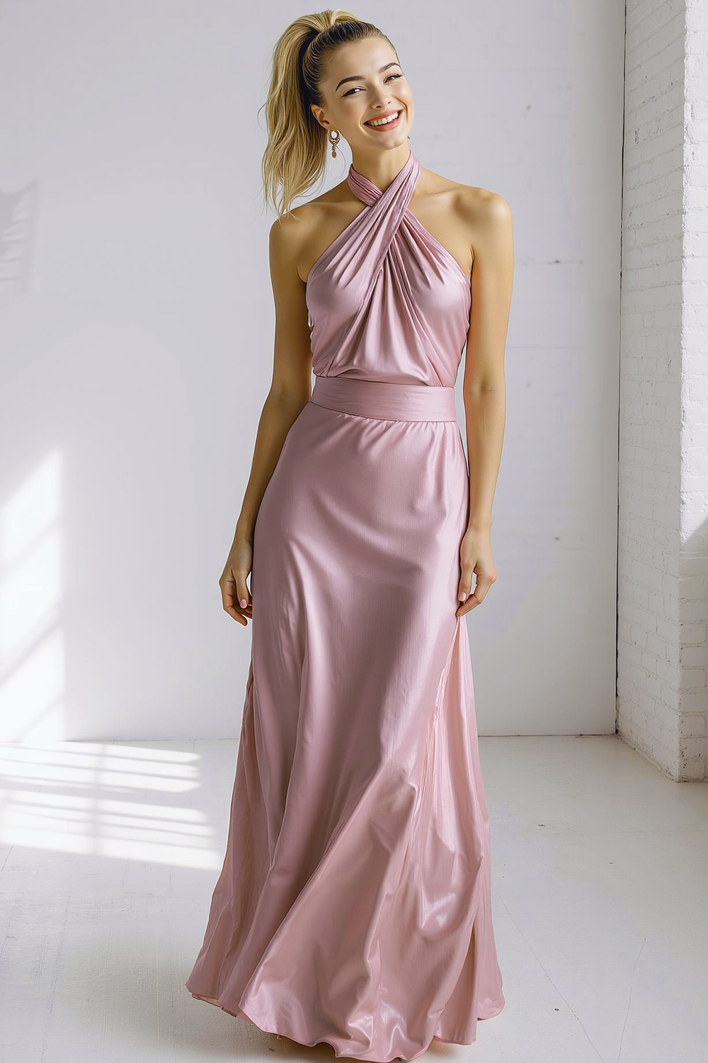 Leely Women Champagne Satin Maxi Bridesmaid Dress Sheath Criss Cross Halter Wedding Guest Dress