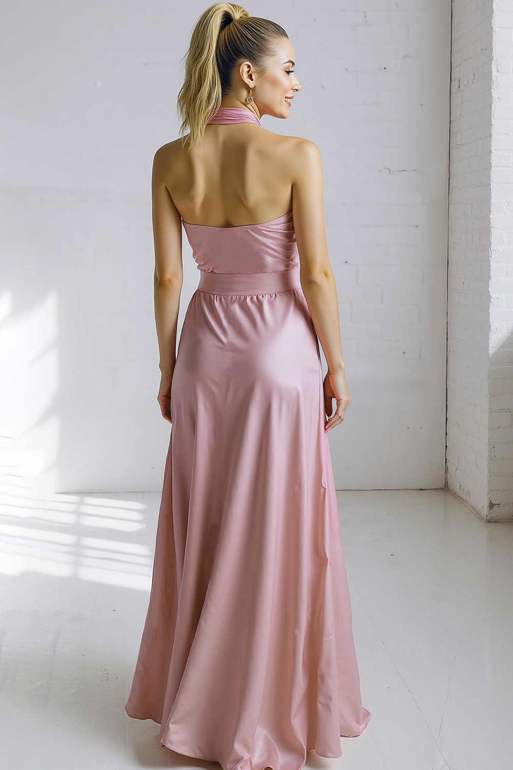 Champagne Satin Criss Cross Halter Maxi Bridesmaid Dress