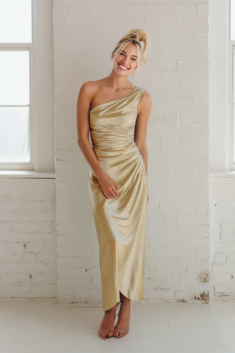 Dusty Sage Maxi Satin One Shoulder Ruched Sheath Bridesmaid Dress