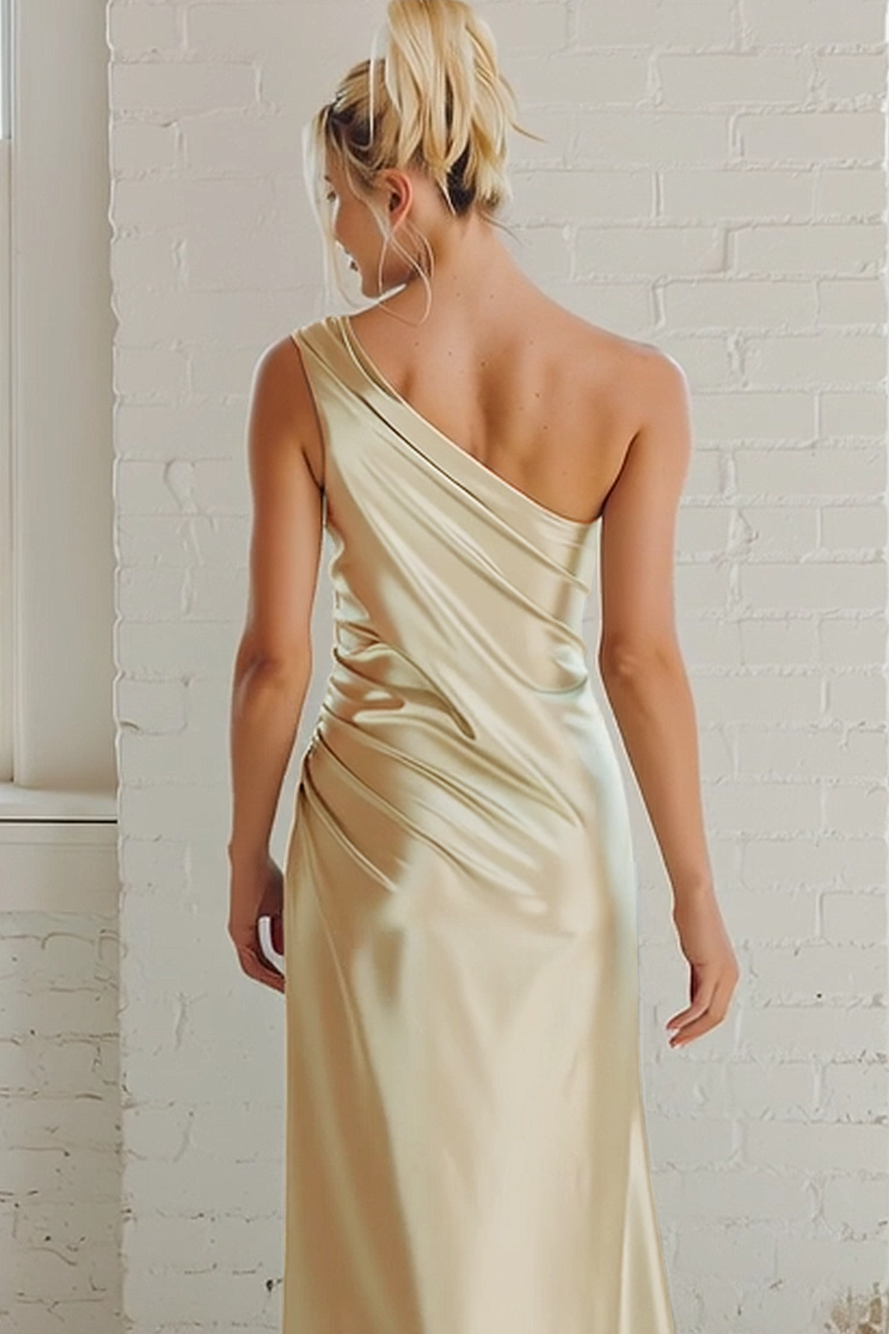 Dusty Sage Maxi Satin One Shoulder Ruched Sheath Bridesmaid Dress